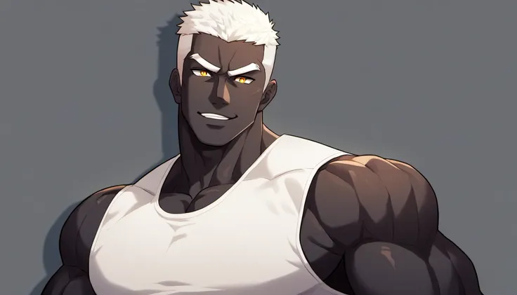 anime characters：gyee, fitness coach, shining black skin, 1 muscular tough guy, manliness, male focus, cream white sleeveless ti...