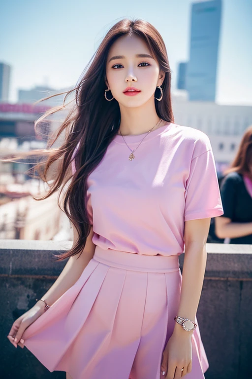 1 beautiful girl, pink shirt, sky blue skirt, long hair, wearing jewelry. Blurred city background. High quality, 8K, high resolution, masterpiece, detailed photos.