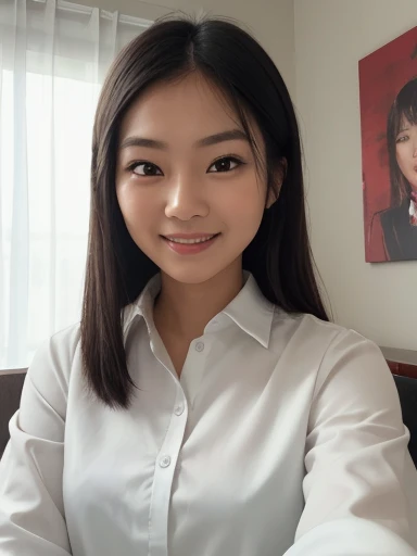 smiling asian woman sitting in a chair with a white shirt, selfie of a young woman, 8k selfie photograph, 30 years old woman, shame smile, natural makeup, facing the camera, portrait shot 8 k, selfie shot straight on angle, face picture, thin fabric clothe...