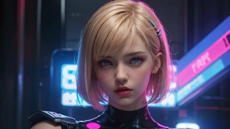 1 girl, pink neon ,robot, female cyborg , cyber punk, club,dim lighting, neon signs,fc portrait, neon,cyber punk, futuristic ,British girl with short, straight blonde hair, bang, bob cut, blue eyes, 15 years, young, pale skin, slender body, small breasts, ...