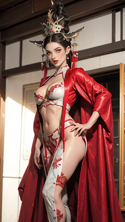 wearing dreamy hanfu。tight，high heel。breast protrusion。breasts are larger than the torso。perfect body，supermodel。 leg rings。good...