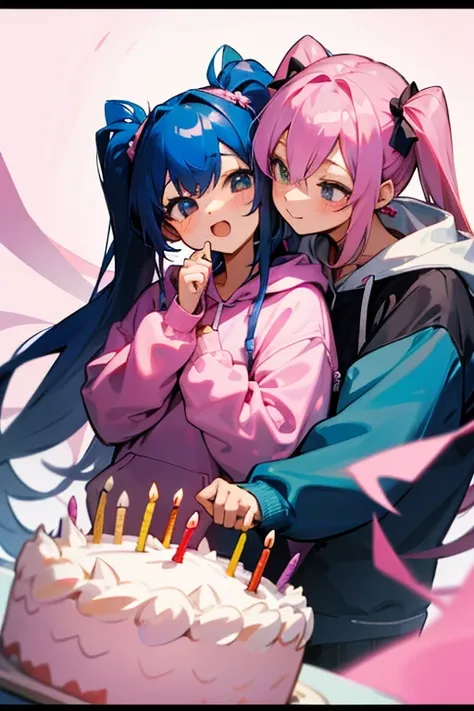 birthday、feed、yuri couple、cute、hoodie、black、twin tails、blue hair、hoodie、white、twin tails、pink hair