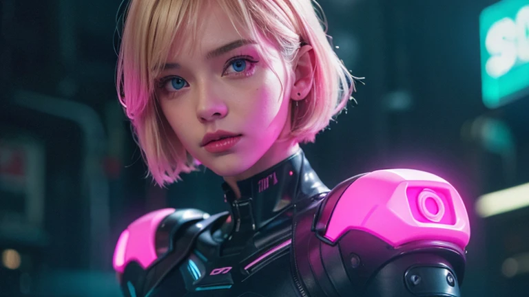 1 girl, pink neon ,robot, female cyborg , cyber punk, club,dim lighting, neon signs,fc portrait, neon,cyber punk, futuristic ,British girl with short, straight blonde hair, bang, bob cut, blue eyes, 15 years, young, pale skin, slender body, small breasts, ...