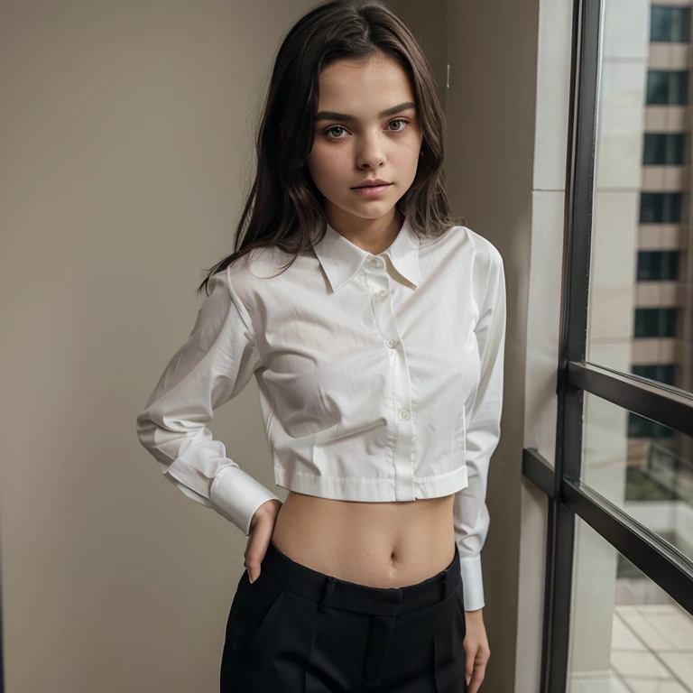 Dafne Keen dressed in an elegant shirt and black pants