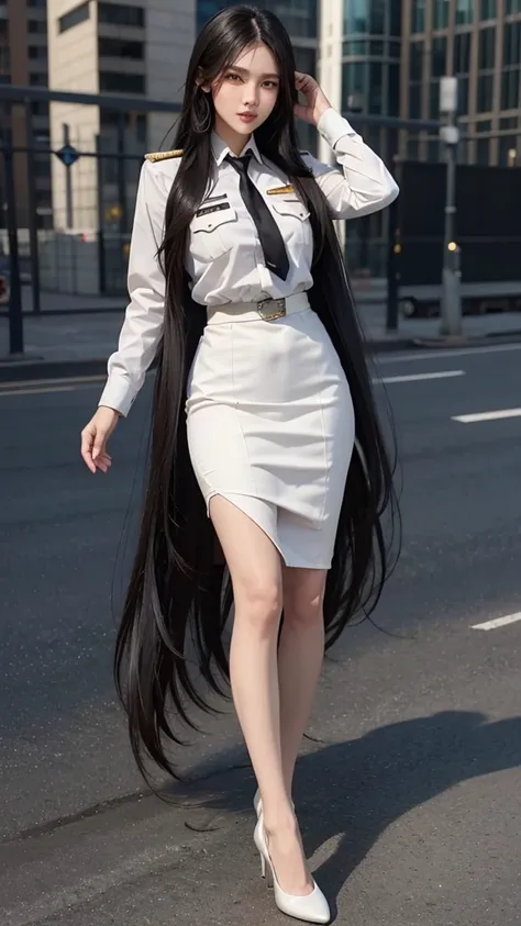 Beautiful girl with two meter long hair, long black hair, Wear a suit, Wear a suit over it., Close every button., (white women&#39;s suit), (white shirt), (Thai women&#39;s black necktie), (Military rank insignia), (Short white pencil skirt), tight, (dynam...