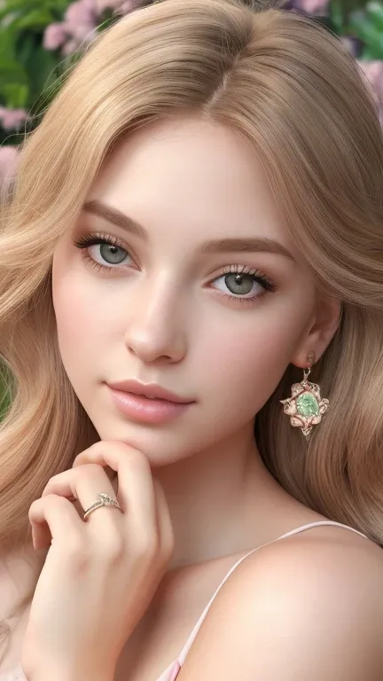 A girl in a lush, enchanted garden (best quality: 8k, highres), surrounded by vibrant, delicate flowers and majestic skies (masterpiece: 1.2). Her beautiful, detailed eyes (realistic) sparkle with a gentle, dreamy look, framed by long, elegant lashes. Her ...