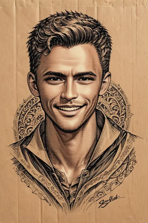 black and brown drawing of an outdoor man,sly smile from under forehead, on kraft paper, karl kopinski, fantasy, highly detailed...