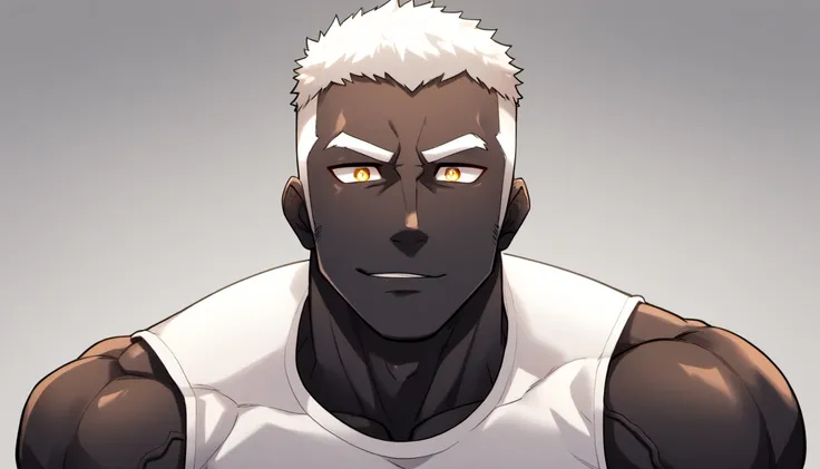 anime characters：gyee, fitness coach, shining black skin, 1 muscular tough guy, manliness, male focus, cream white sleeveless ti...