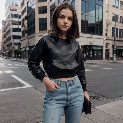 Dafne Keen dressed in leather sweatshirt and leather jeans with stripes and lines