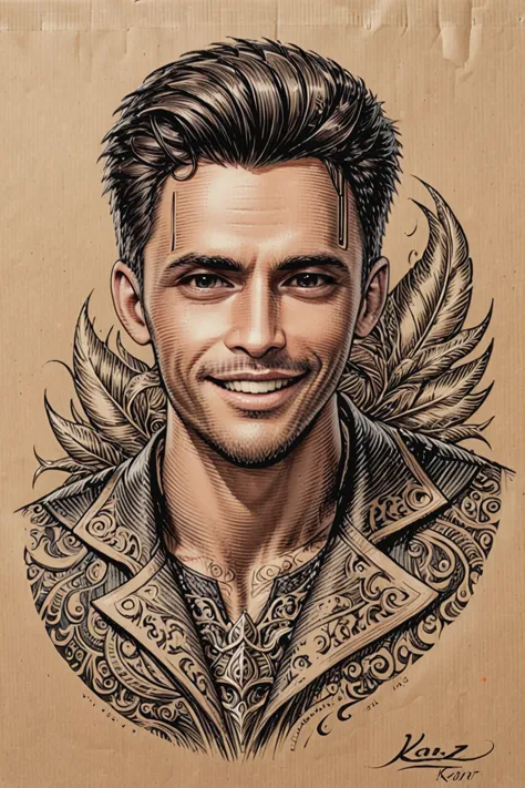 black and brown drawing of an outdoor man,sly smile from under forehead, on kraft paper, karl kopinski, fantasy, highly detailed...