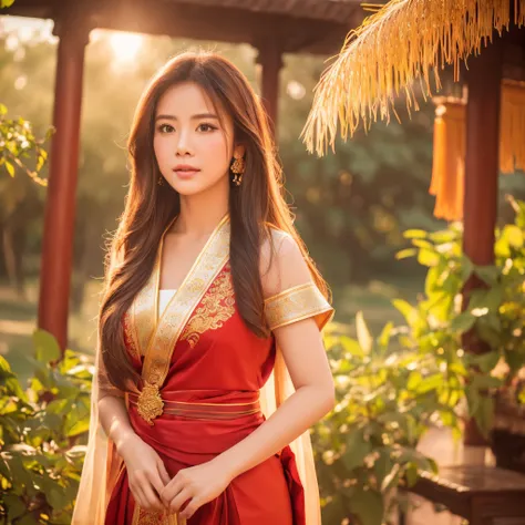 (8k,masterpiece,hi ultra res, realistic :1.3), best quality, portrait , realistic, focus face, 1  woman, brown long hair, thai traditional dress , ( red sabai:1.2), temple background, (breeze:1.2),(sun lighting:1.2)