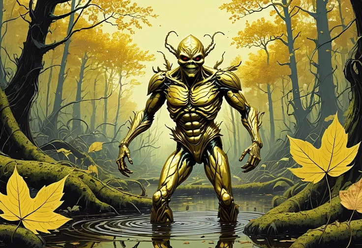 intricate ornate gold leaf, golden leaf design, gold leaf aesthetics, (wordless, single image), Golden Swamp Thing, overgrown rewilding with golden leaves, showcase Swamp Thing golden leaf design, dancing a vile stanky boogie dance, hyper maximal, strange ...