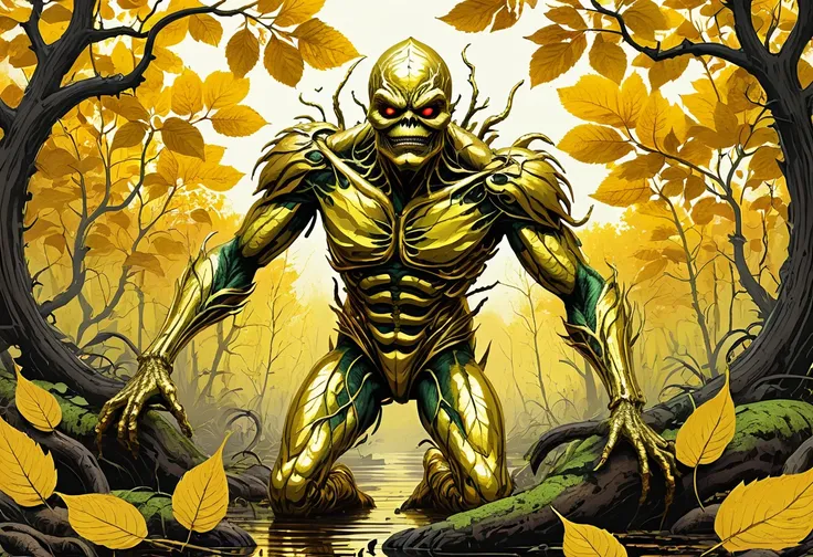 intricate ornate gold leaf, golden leaf design, gold leaf aesthetics, (wordless, single image), Golden Swamp Thing, overgrown rewilding with golden leaves, showcase Swamp Thing golden leaf design, dancing a vile stanky boogie dance, hyper maximal, strange ...