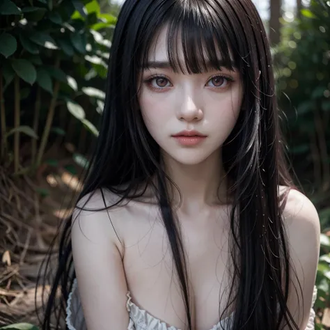 Female, red eyes, long black hair with bangs, pale skin