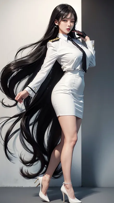 beautiful girl with two meter long hair, long black hair, (white women&#39;s suit), (white shirt), (thai women&#39;s black neckt...