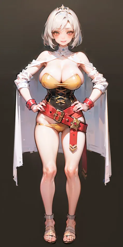 ((BLACK BACKGROUND,1:2, masterpiece)), full body MILF BIMBO standing with two long thighs and two metal sandals, red eyes, silver white hair, short bob style hair, big breasts, cleavage, separate sleeves, tiara royal, long cape up to two feet, yellow bikin...