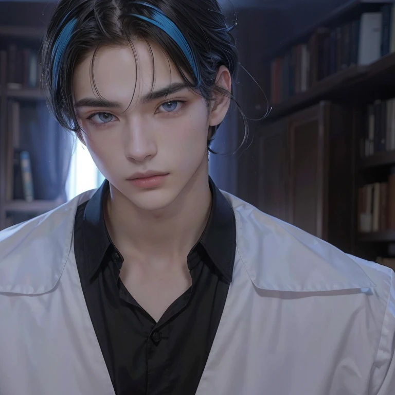 Imagen arafed de un hombre con bata blanca y camisa negra., chico anime alto con ojos azules, delicate androgynous prince, tiene una mirada penetrante, hombre guapo animado, el tiene pelos gris oscuro, inspirado en Bian Shoumin, inspirado en Hisui Sugiura,...