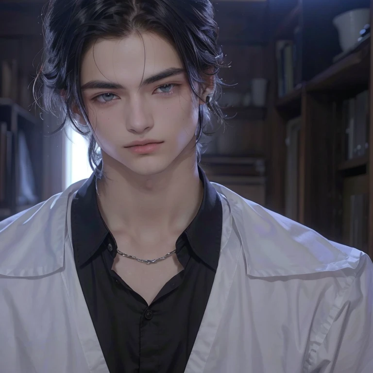 Imagen arafed de un hombre con bata blanca y camisa negra., chico anime alto con ojos azules, delicate androgynous prince, tiene una mirada penetrante, hombre guapo animado, el tiene pelos gris oscuro, inspirado en Bian Shoumin, inspirado en Hisui Sugiura,...