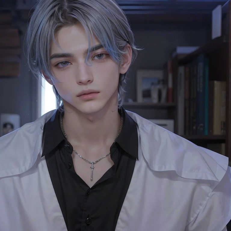 Imagen arafed de un hombre con bata blanca y camisa negra., chico anime alto con ojos azules, delicate androgynous prince, tiene una mirada penetrante, hombre guapo animado, el tiene pelos gris oscuro, inspirado en Bian Shoumin, inspirado en Hisui Sugiura,...