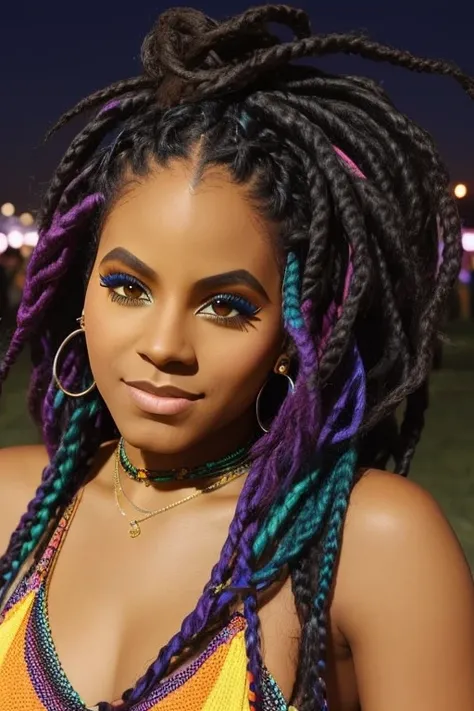 black woman at coachella, colorful locs hair, night time