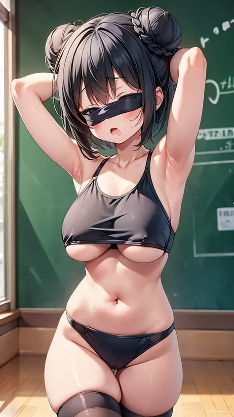 highest quality,wonderful,finely,extremely detailed CG Unity 8K wallpaper, (1 girl,black hair, short hair, double bun), (gigantic breasts:1.2), (blindfold :1.4), (arms behind head:1.4), (school swimsuit:1.1), (bare shoulders:1.1), (clavicle:1.1), (underboo...