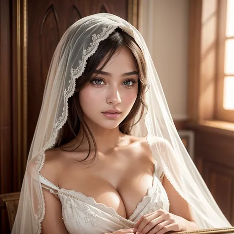 Best quality, high resolution, Masterpiece: 1.3, Beautiful veiled women, Sitting in a boarding room, Small breast,

Perfect face, Detailed features, Realistic, 1girl, Charming expression, Delicate nose, Rosy cheeks, Clear complexion, Talented artist rendit...