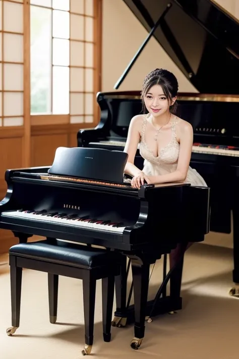 (great masterpiece、High level of image quality、high quality),a japanese lady、pianist、Sit in the piano chair、play piano、A grand piano、Perfect performance、beautiful turd、beautiful eyes、beautiful limbs、