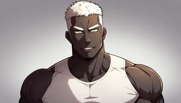 anime characters：gyee, fitness coach, shining black skin, 1 muscular tough guy, manliness, male focus, cream white sleeveless ti...