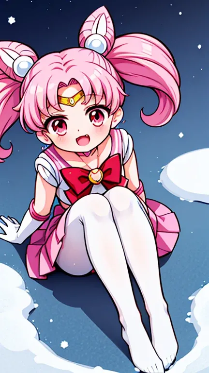 Sailor Moon，childhood，Seven years old，Cute little loli，Pink hair twintails，short hair，Sailor suit，red bow，White elbow gloves，Red Skirt，lying down，no shoes，Open your mouth，laughing out loud，fangs，(Snow white tights),(Snow white pantyhose)