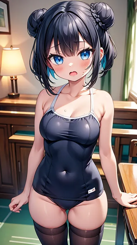 highest quality,wonderful,finely,extremely detailed CG Unity 8K wallpaper, (1 girl,black hair, blue eyes,short hair, double bun), (midium breasts:1.2), (school swimsuit:1.1), (bare shoulders:1.1), (clavicle:1.1), (open mouth:1.2), (long tongue:1.2), (mouth...