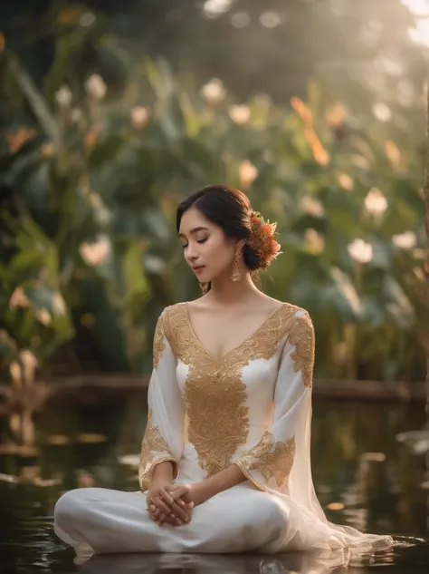 Beautiful 16-year-old princess sitting on a lotus flower，Wear a delicate gold crown.，Beautiful Thai Girl，Squeeze the flower stem with one hand.，The other palm is facing outwards.，Light brown dress，Barefoot on both feet.，Like hibiscus in water.，The corners ...