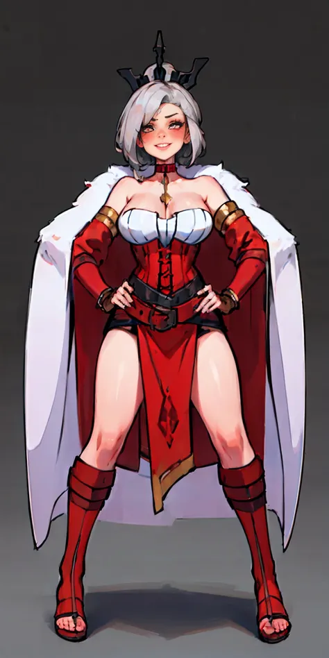 ((BLACK BACKGROUND,1:2, masterpiece)), full body MILF BIMBO standing with two long thighs and two metal sandals, red eyes, silver white hair, short bob style hair, big breasts, cleavage, separate sleeves, tiara royal, long cape up to two feet, yellow bikin...