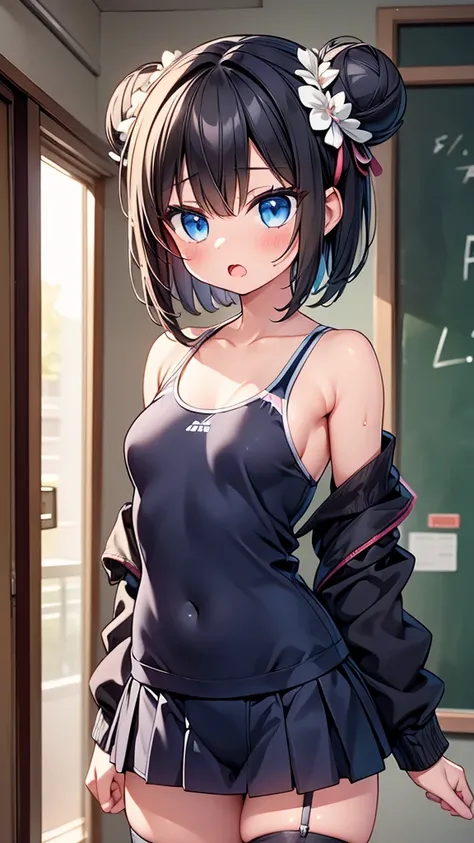 highest quality,wonderful,finely,extremely detailed CG Unity 8K wallpaper, (1 girl,black hair, blue eyes,short hair, double bun), (small breasts:1.2), (school swimsuit:1.1), (bare shoulders:1.1), (clavicle:1.1), (open mouth:1.2), (long tongue:1.2), (mouth ...