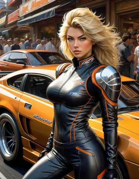 A photo realistic Blondie female street racer wears an street racing suite. badass ((muscle car)) in background. masterpiece professional hyper realistic artwork of Shirow Masamune, detailed face, insanely detailed and intricate, volumetric lighting, profe...