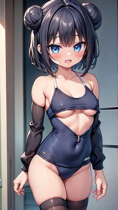 highest quality,wonderful,finely,extremely detailed CG Unity 8K wallpaper, (1 girl,black hair, blue eyes,short hair, double bun), (small breasts:1.2), (school swimsuit:1.1), (bare shoulders:1.1), (clavicle:1.1), (underboob:1.3), (open mouth:1.2), (long ton...