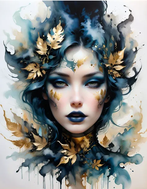 gold leaf art，abstract painting,goth girl，Smoky makeup,Illustration in surreal art style,Postmodern heavy metal style