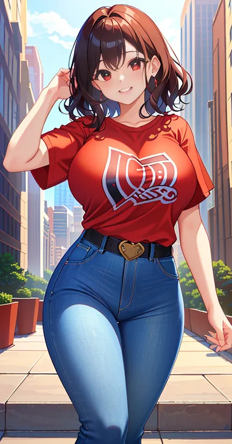 top-quality))、((​masterpiece)、Face Real、Hair short、25 year old girl、Short-wavy hair、View from below the skyscrapers、(Opaque red t-shirt)、(Low-rise denim pants)Wearing。sexly、Breasts enlarged、Smile、Sexy Posing, with huge black wide long  belt  