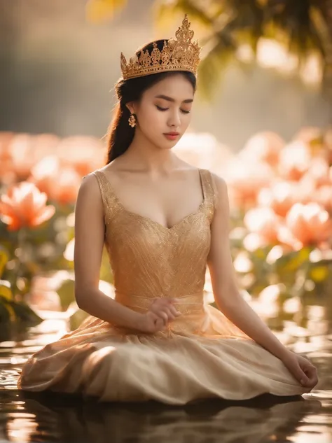 Beautiful 16-year-old princess sitting on a lotus flower，Wear a delicate gold crown.，Beautiful Thai Girl，Squeeze the flower stem with one hand.，The other palm is facing outwards.，Light brown dress，Barefoot on both feet.，Like hibiscus in water.，The corners ...