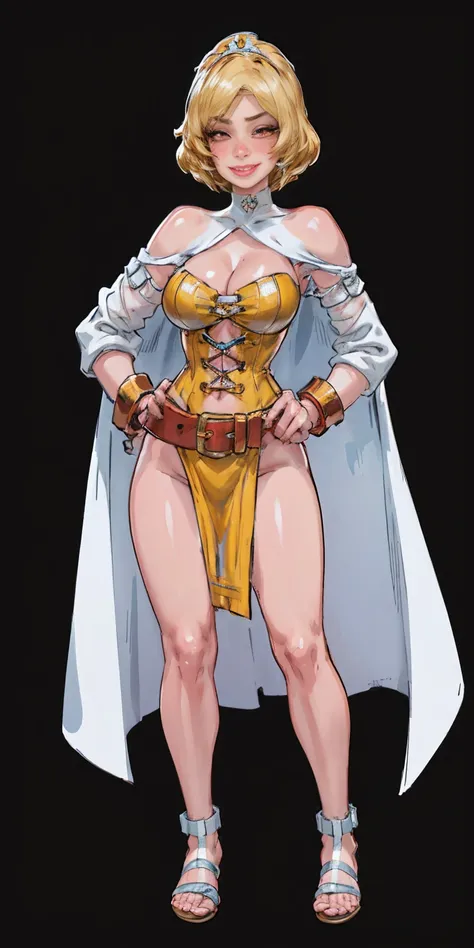 ((BLACK BACKGROUND,1:2, masterpiece)), full body MILF BIMBO standing with two long thighs and two metal sandals, red eyes, silver white hair, short bob style hair, big breasts, cleavage, separate sleeves, tiara royal, long cape up to two feet, yellow bikin...