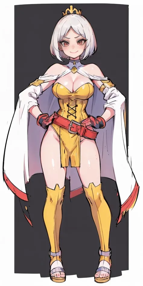 ((BLACK BACKGROUND,1:2, masterpiece)), full body MILF BIMBO standing with two long thighs and two metal sandals, red eyes, silver white hair, short bob style hair, big breasts, cleavage, separate sleeves, tiara royal, long cape up to two feet, yellow bikin...