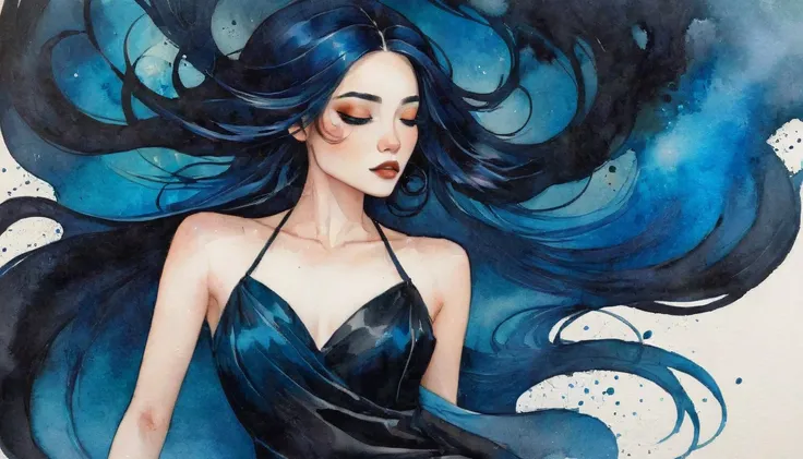 a watercolor painting of a woman with long black hair and a black dress, girl with blue hair, style of charlie bowater, jen bartel, in style of charlie bowater, woman with black hair, in style of anna dittmann, charlie bowater rich deep colors, inspired by...