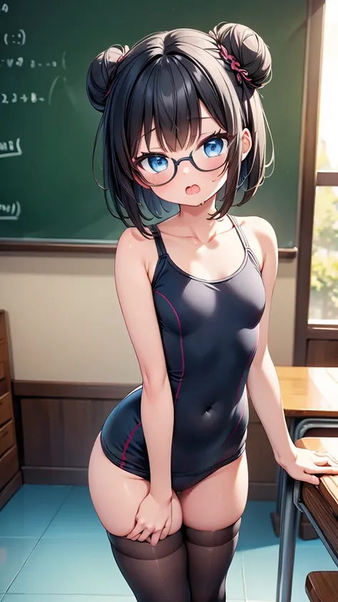 highest quality,wonderful,finely,extremely detailed CG Unity 8K wallpaper, (1 girl,black hair, blue eyes,glasses, short hair, double bun), (small breasts:1.2), (school swimsuit:1.1), (bare shoulders:1.1), (clavicle:1.1), (open mouth:1.2), (long tongue:1.2)...