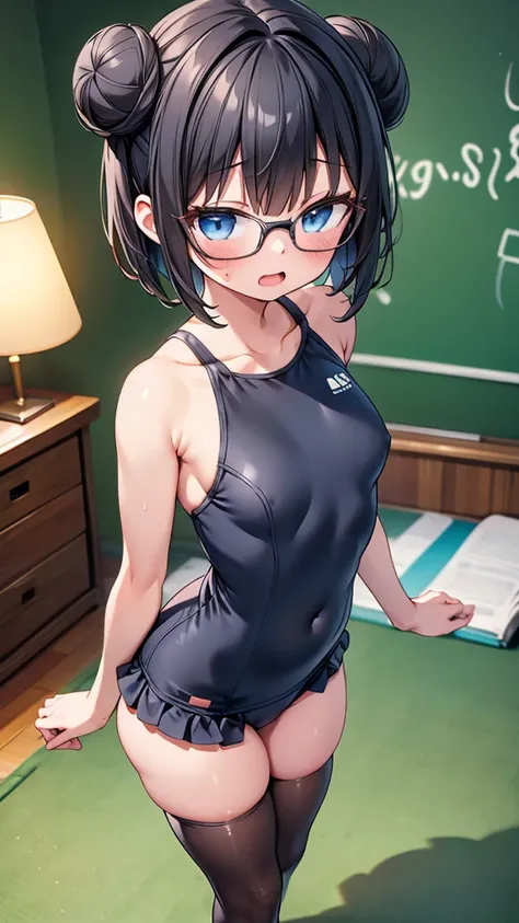 highest quality,wonderful,finely,extremely detailed CG Unity 8K wallpaper, (1 girl,black hair, blue eyes,glasses, short hair, double bun), (small breasts:1.2), (school swimsuit:1.1), (bare shoulders:1.1), (clavicle:1.1), (open mouth:1.2), (long tongue:1.2)...