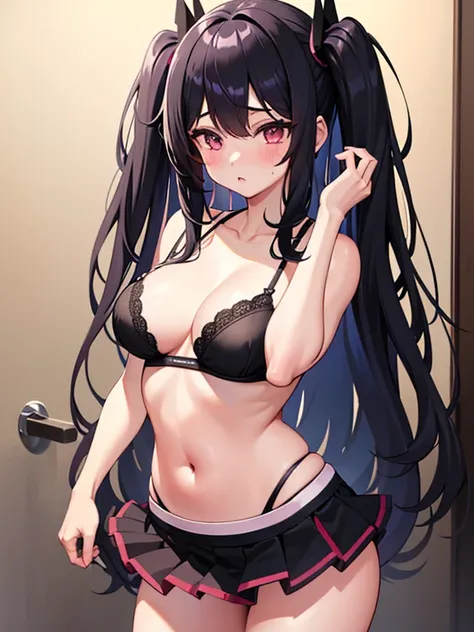 1 girl, alone,Are standing_Split, , long hair，black bra，pink skirt，no panties, fingerings, sexy, ahego face, hentai