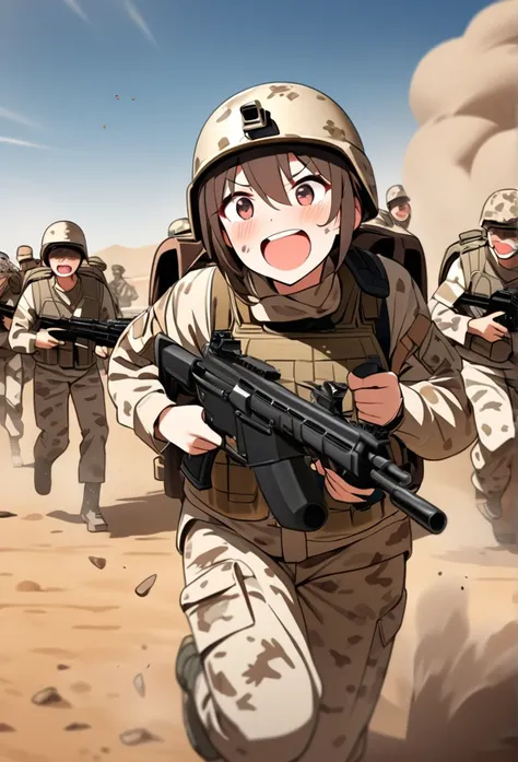 High quality, high definition images, full HD、8k.1 girl Short chestnut hair wearing US combat uniform Wear a helmet deeply, holding a rifle,m1The image of running with a tank.、desert camouflage,A big backpack on my back, bulletproof vest,Laughing at the ta...