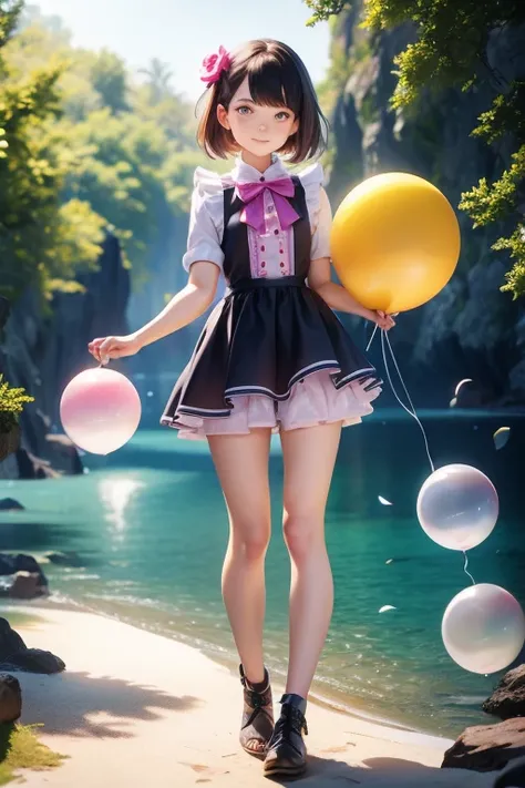 holding a ballon, full body, real photo, 11 years old girl, brat