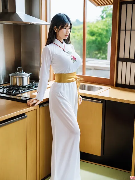 (8K,RAW photo,highest quality,masterpiece:1.8),(looking at the viewer:1.7)erotic,(standing in the kitchen:1.7),(huge breasts:1.8),(Very small waist:1.8),(very thin legs:1.8),(Ao dai:1.8)(Enchanted expression:1.9),(one japanese woman:1.9),(curby body:1.7)