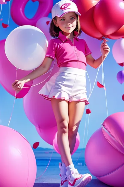 ((holding a ballon)), full body, real photo, 9 years old girl, brat, white golf wear,