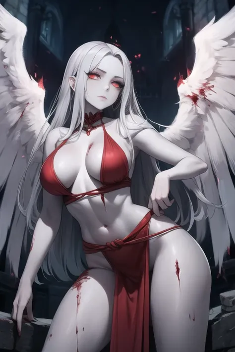 Grey skin, bloody, angel, rare, cursed maiden, loincloth, Angelic armor, beautiful woman, long silver hair, red glowing eyes, grey skin, black wings, palace ruins,