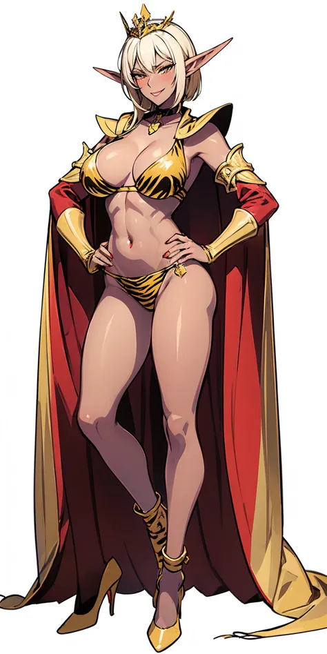 female dark elf with pointy long ears, dark elf skin, Two long thighs, yellow eyes, blonde hair, short hair, large breasts, detached sleeves, very white background, royal tiara, long cape, yellow tiger bikini, high heels, hands on hips. red tattoo on belly...